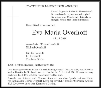 Traueranzeige von Eva-Maria Overhoff von Rheinische Post