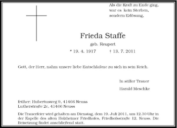 Traueranzeige von Frieda Staffe von Rheinische Post