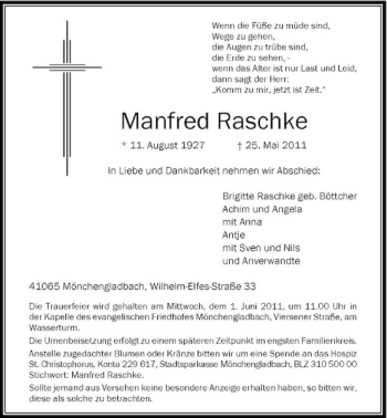 Traueranzeige von Manfred Raschke von Rheinische Post