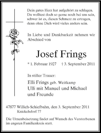 Traueranzeige von Josef Frings von Rheinische Post