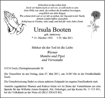 Traueranzeige von Ursula Booten von Rheinische Post