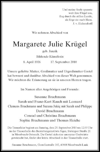 Traueranzeige von Margarete Julie Krügel von Rheinische Post