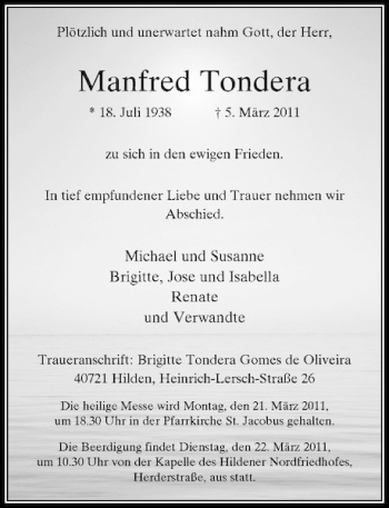 Traueranzeige von Manfred Tondera von Rheinische Post