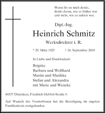 Traueranzeige von Heinrich Schmitz von Rheinische Post