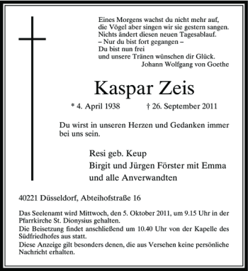Traueranzeige von Kaspar Zeis von Rheinische Post