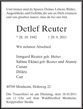 Traueranzeige von Detlef Reuter von Rheinische Post