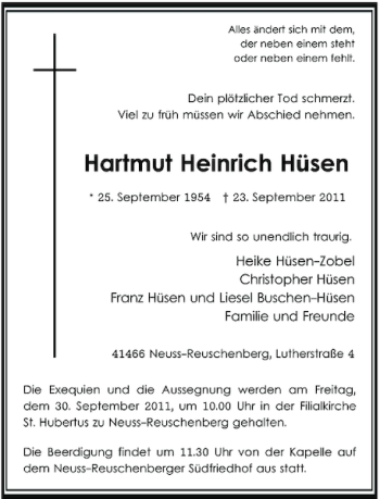 Traueranzeige von Hartmut Hüsen von Rheinische Post