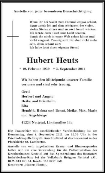 Traueranzeige von Hubert Heuts von Rheinische Post