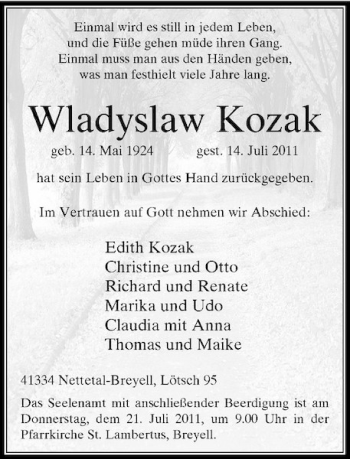 Traueranzeige von Wladyslaw Kozak von Rheinische Post