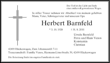 Traueranzeige von Herbert Barnfeld von Rheinische Post