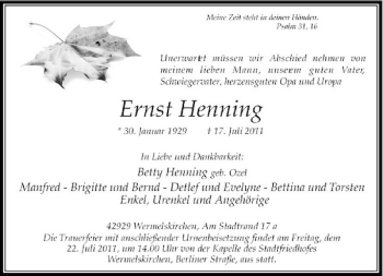 Traueranzeige von Ernst Henning von Rheinische Post