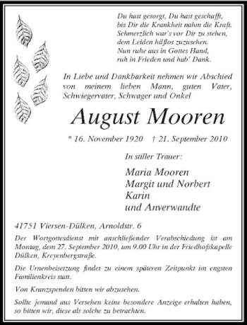 Traueranzeige von August Mooren von Rheinische Post