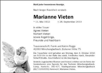 Traueranzeige von Marianne Vieten von Rheinische Post