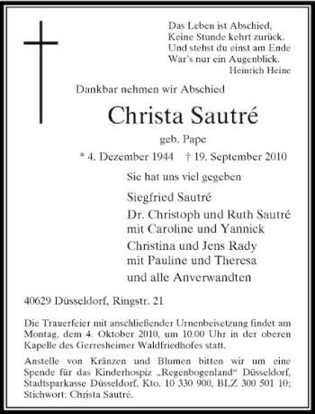 Traueranzeige von Christa Sautré von Rheinische Post