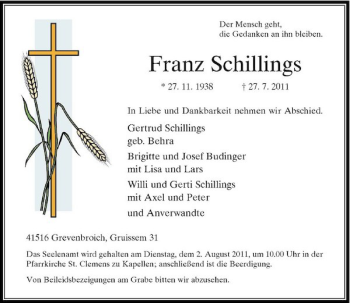 Traueranzeige von Franz Schillings von Rheinische Post