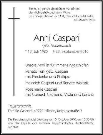 Traueranzeige von Anni Caspari von Rheinische Post