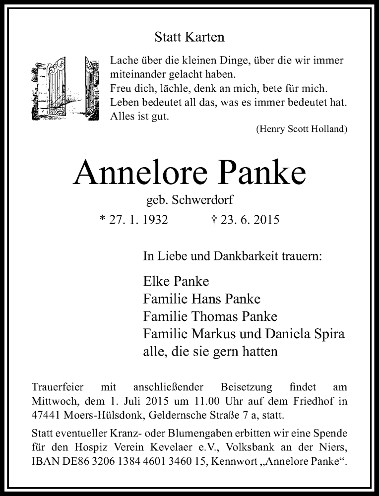  Traueranzeige für Annelore Panke vom 27.06.2015 aus Rheinische Post