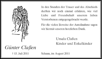 Traueranzeige von Günter Claßen von Rheinische Post