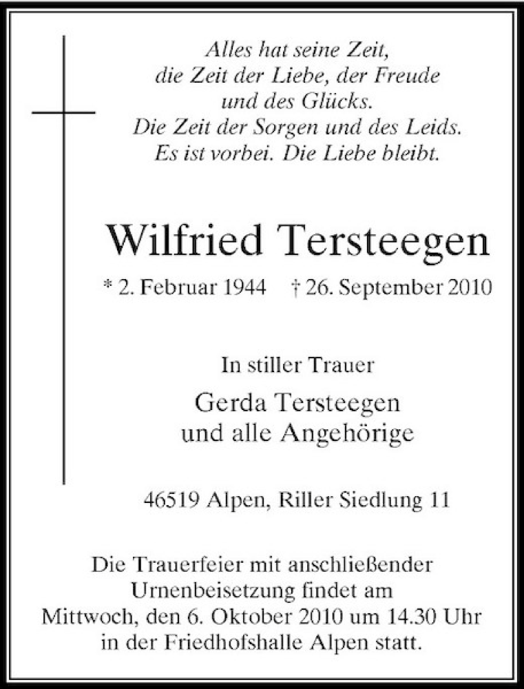  Traueranzeige für Wilfried Tersteegen vom 02.10.2010 aus Rheinische Post