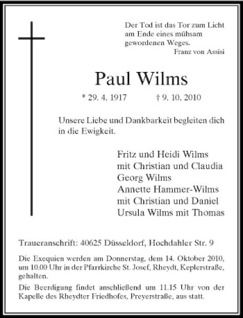 Traueranzeige von Paul Wilms von Rheinische Post