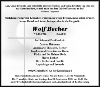 Traueranzeige von Wolf Becher von Rheinische Post