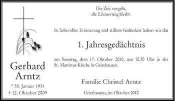 Traueranzeige von Gerhard Arntz von Rheinische Post