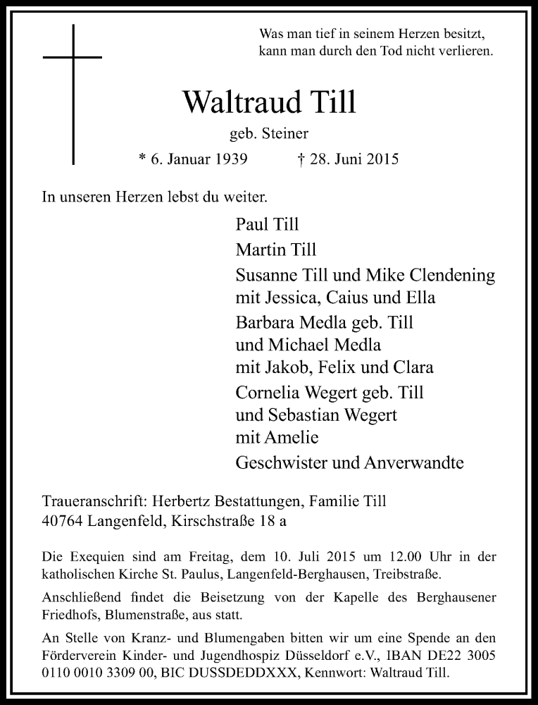  Traueranzeige für Waltraud Till vom 03.07.2015 aus Rheinische Post