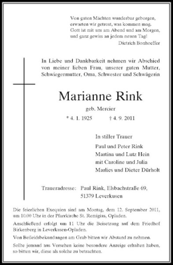 Traueranzeige von Marianne Rink von Rheinische Post