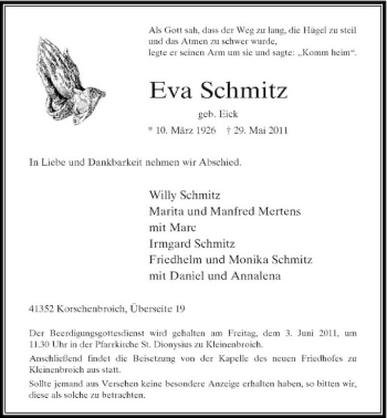 Traueranzeige von Eva Schmitz von Rheinische Post