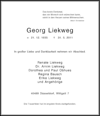Traueranzeige von Georg Liekweg von Rheinische Post