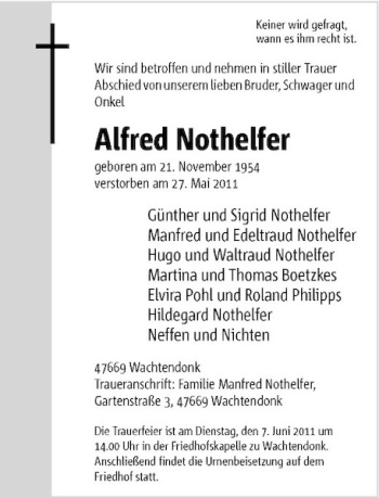 Traueranzeige von Alfred Nothelfer von Rheinische Post