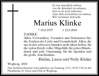 Traueranzeige von Marius Klinke von Rheinische Post