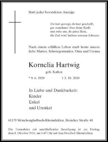 Traueranzeige von Kornelia Hartwig von Rheinische Post