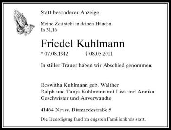 Traueranzeige von Friedel Kuhlmann von Rheinische Post