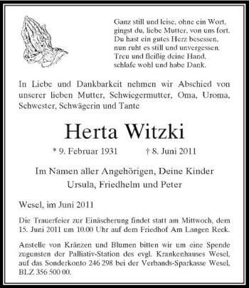 Traueranzeige von Herta Witzki von Rheinische Post