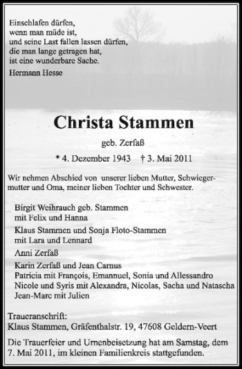 Traueranzeige von Christa Stammen von Rheinische Post