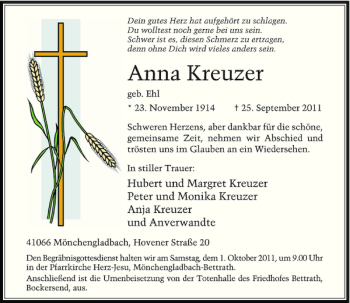 Traueranzeige von Anna Kreuzer von Rheinische Post