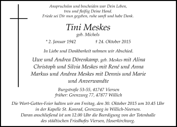 Traueranzeige von Tini Meskes von Rheinische Post