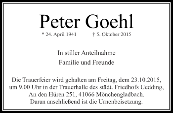 Traueranzeige von Peter Goehl von Rheinische Post