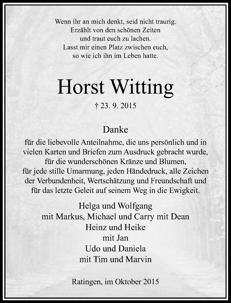  Traueranzeige für Horst Witting vom 17.10.2015 aus Rheinische Post