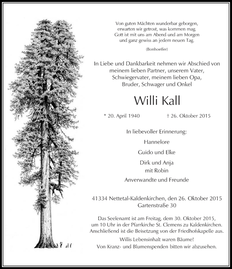  Traueranzeige für Willi Kall vom 28.10.2015 aus Rheinische Post