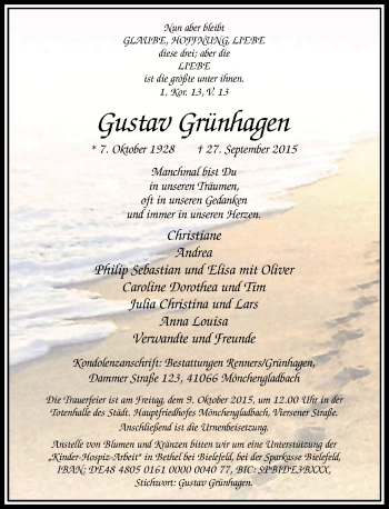 Traueranzeige von Gustav Grünhagen von Rheinische Post