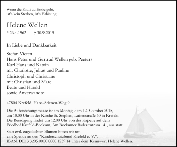 Traueranzeige von Helene Wellen von Rheinische Post