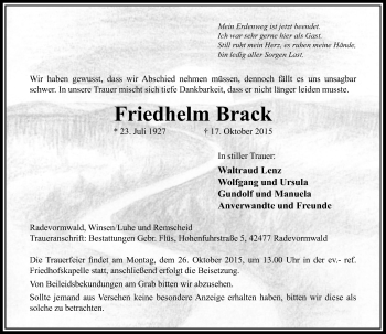 Traueranzeige von Friedhelm Brack von Rheinische Post