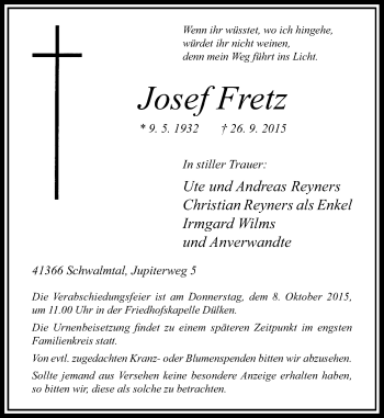Traueranzeige von Josef Fretz von Rheinische Post