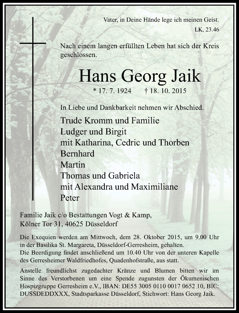  Traueranzeige für Hans Georg Jaik vom 24.10.2015 aus Rheinische Post