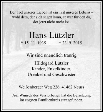 Traueranzeige von Hans Lützler von Rheinische Post