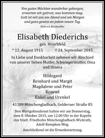 Traueranzeige von Elisabeth Diederichs von Rheinische Post