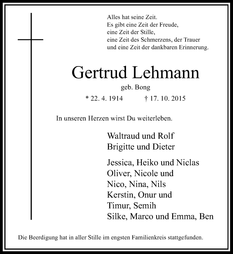  Traueranzeige für Gertrud Lehmann vom 24.10.2015 aus Rheinische Post
