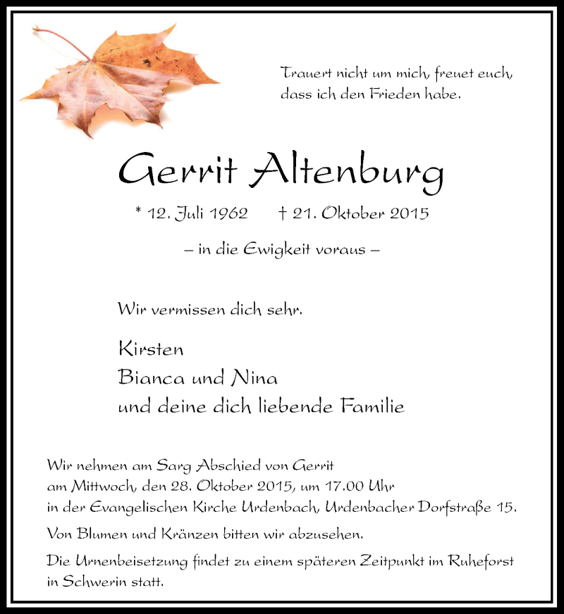  Traueranzeige für Gerrit Altenburg vom 24.10.2015 aus Rheinische Post